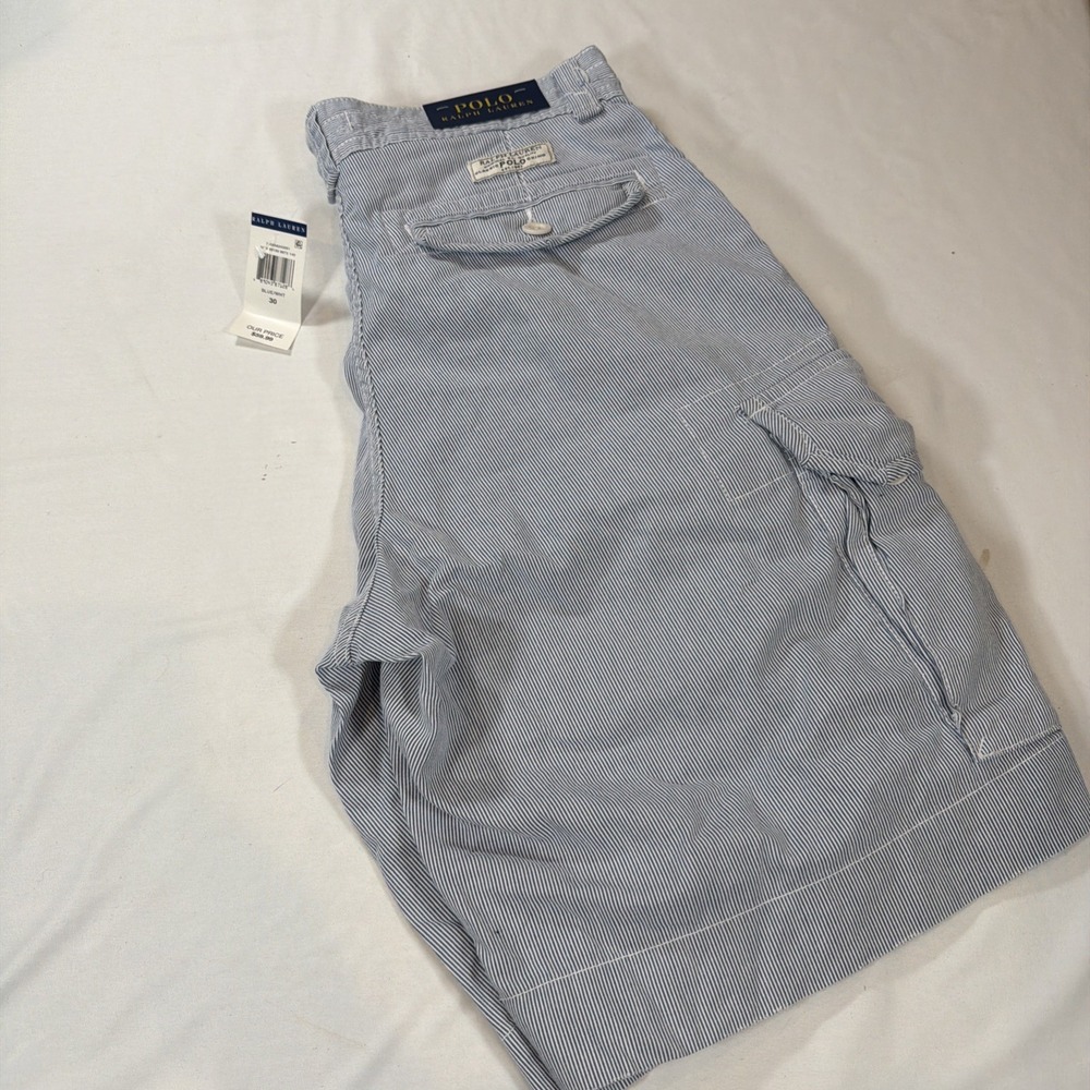 Men's Polo Ralph Lauren Blue Pinstriped Seersucker Cargo Shorts Sz 30 NWT